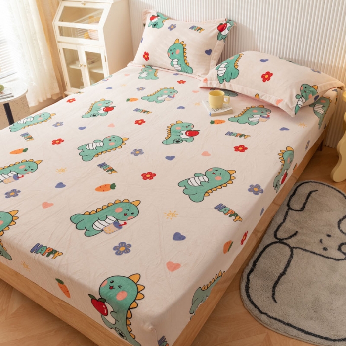 91家纺网 家纺一手货源 找家纺 梦家居 2021新款秋冬牛奶绒床笠单品 恐龙先生