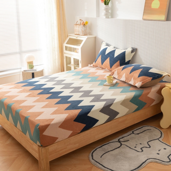 91家纺网 家纺一手货源 找家纺 梦家居 2021新款秋冬牛奶绒床笠单品 七彩几何