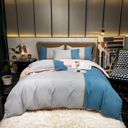 91家纺网 家纺一手货源 找家纺 衿成 2025新160克磨毛三拼四件套植物羊绒网红直播 夏洛特-灰＋蓝