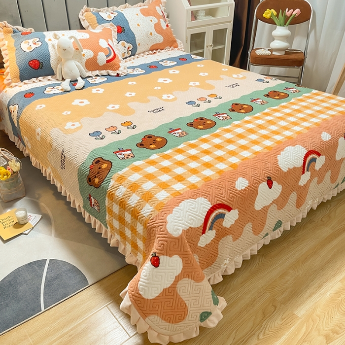 91家纺网 家纺一手货源 找家纺 索飞特牛奶绒夹棉绗缝床盖三件套 布朗熊