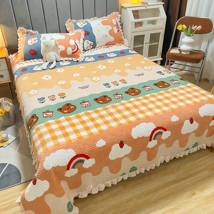 91家纺网 家纺一手货源 找家纺 索飞特牛奶绒夹棉绗缝床盖三件套 布朗熊