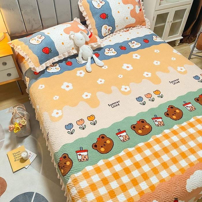 91家纺网 家纺一手货源 找家纺 索飞特牛奶绒夹棉绗缝床盖三件套 布朗熊