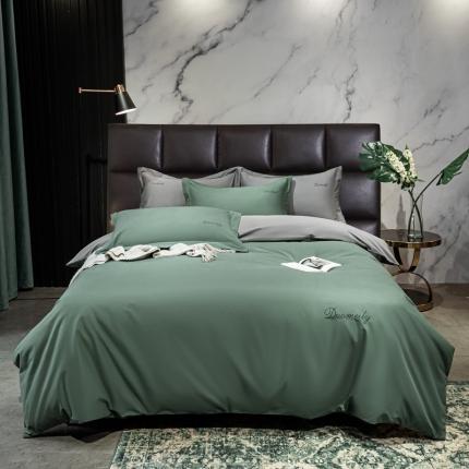 91家纺网 家纺一手货源 找家纺 朵美 2021新款100支双股磨毛纯色四件套 茵特绿拼灰