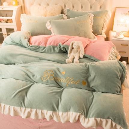 91家纺网 家纺一手货源 找家纺 丝羽坊 2021新款牛奶绒韩系心意系列四件套 豆绿拼粉玉