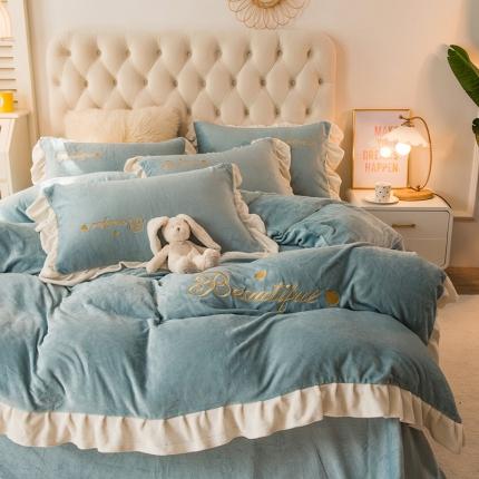 91家纺网 家纺一手货源 找家纺 丝羽坊 2021新款牛奶绒韩系心意系列四件套 湖蓝