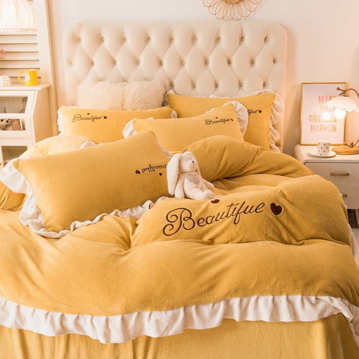 91家纺网 家纺一手货源 找家纺 丝羽坊 2021新款牛奶绒韩系心意系列四件套 姜黄