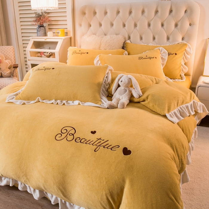 91家纺网 家纺一手货源 找家纺 丝羽坊 2021新款牛奶绒韩系心意系列四件套 姜黄