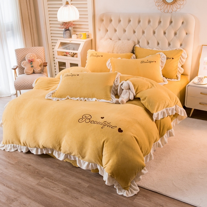 91家纺网 家纺一手货源 找家纺 丝羽坊 2021新款牛奶绒韩系心意系列四件套 姜黄