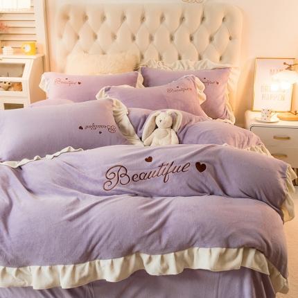 91家纺网 家纺一手货源 找家纺 丝羽坊 2021新款牛奶绒韩系心意系列四件套 优雅紫