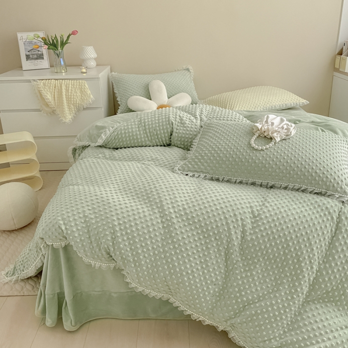 91家纺网 家纺一手货源 找家纺 玛奇朵 2021新款豆豆绒珍珠款四件套-梦露系列 梦露-薄荷绿