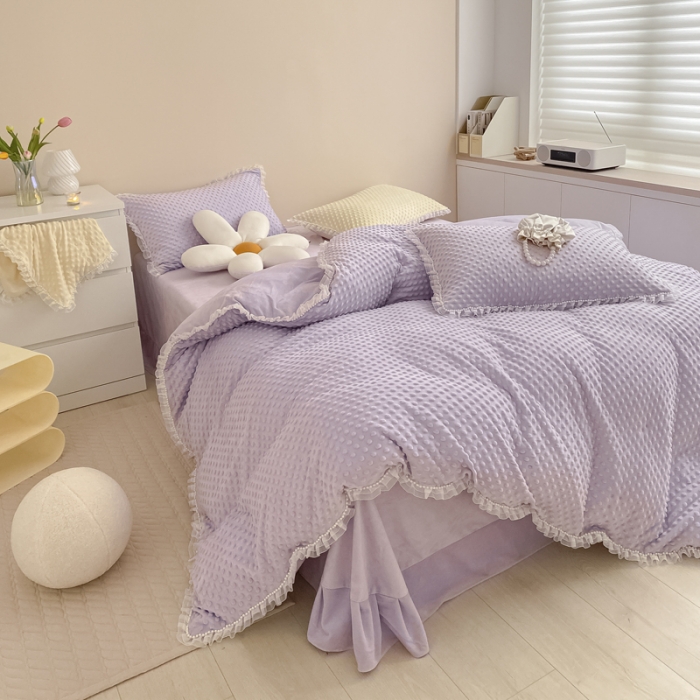 91家纺网 家纺一手货源 找家纺 玛奇朵 2021新款豆豆绒珍珠款四件套-梦露系列 梦露-丁香紫