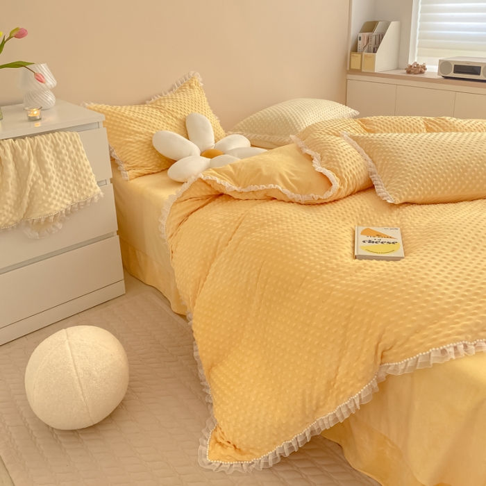 91家纺网 家纺一手货源 找家纺 玛奇朵 2021新款豆豆绒珍珠款四件套-梦露系列 梦露-亮丽黄