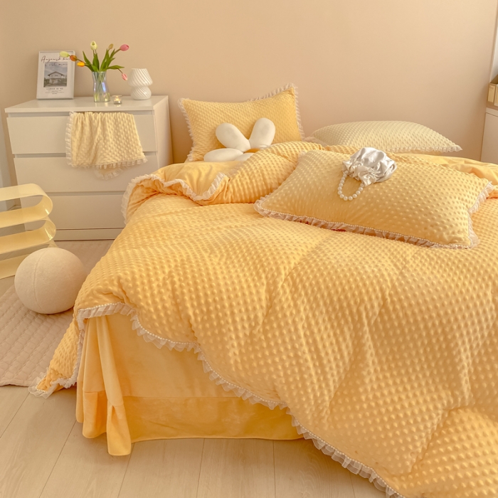 91家纺网 家纺一手货源 找家纺 玛奇朵 2021新款豆豆绒珍珠款四件套-梦露系列 梦露-亮丽黄