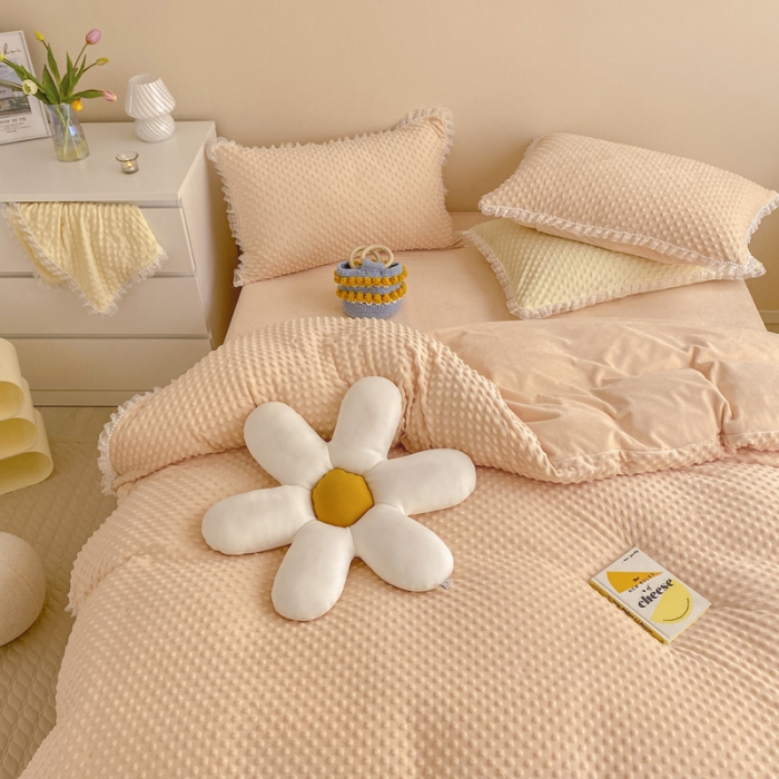 91家纺网 家纺一手货源 找家纺 玛奇朵 2021新款豆豆绒珍珠款四件套-梦露系列 梦露-蜜桃橙