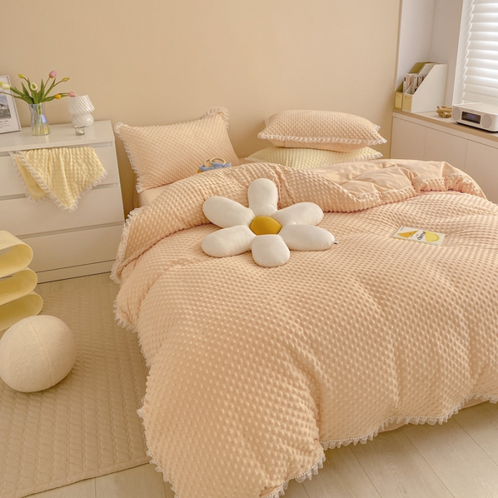 91家纺网 家纺一手货源 找家纺 玛奇朵 2021新款豆豆绒珍珠款四件套-梦露系列 梦露-蜜桃橙