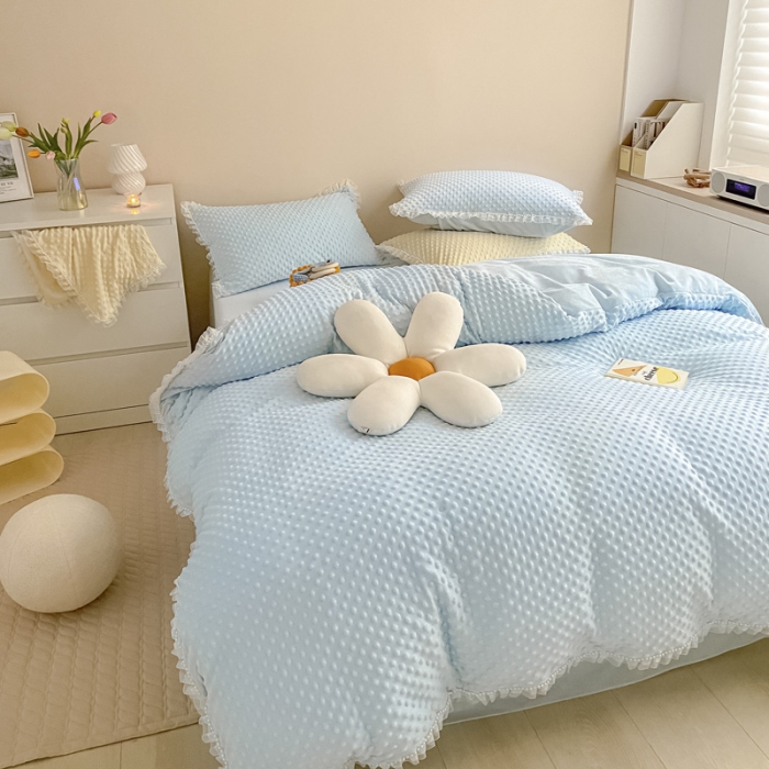 91家纺网 家纺一手货源 找家纺 玛奇朵 2021新款豆豆绒珍珠款四件套-梦露系列 梦露-婴儿蓝