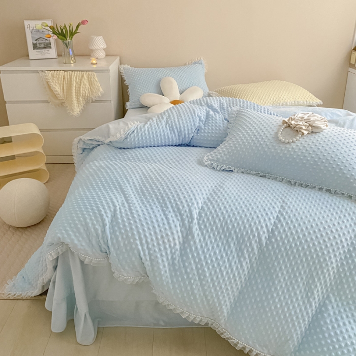 91家纺网 家纺一手货源 找家纺 玛奇朵 2021新款豆豆绒珍珠款四件套-梦露系列 梦露-婴儿蓝