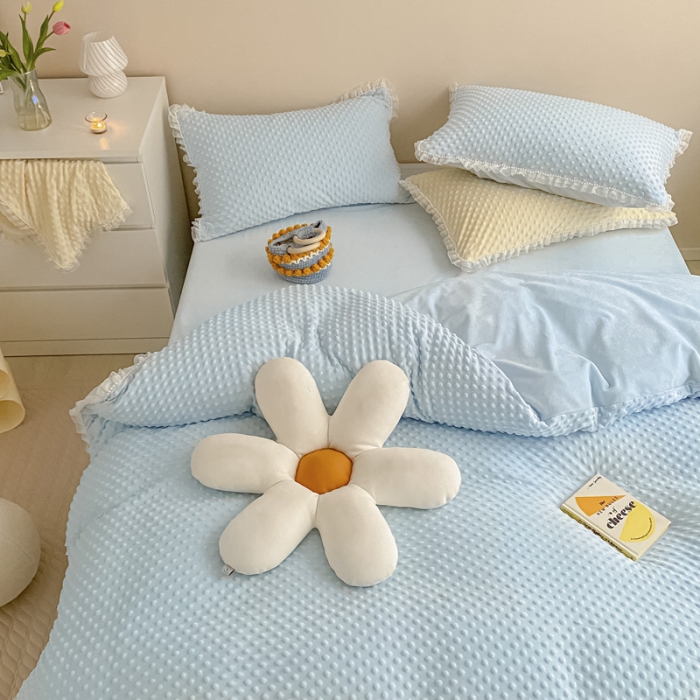 91家纺网 家纺一手货源 找家纺 玛奇朵 2021新款豆豆绒珍珠款四件套-梦露系列 梦露-婴儿蓝