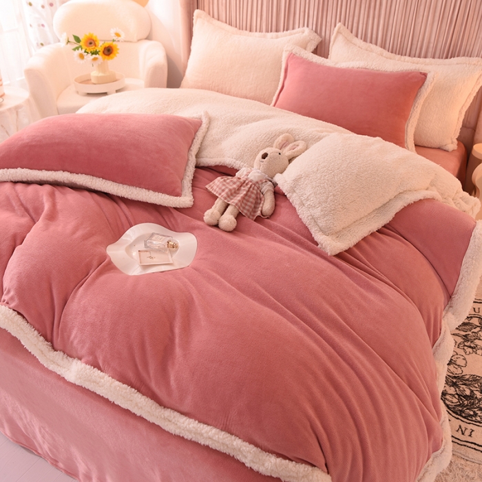 91家纺网 家纺一手货源 找家纺 艾米 2021新款牛奶绒羊羔绒双拼四件套 豆沙