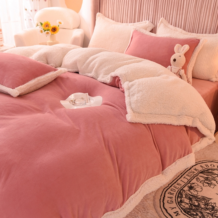 91家纺网 家纺一手货源 找家纺 艾米 2021新款牛奶绒羊羔绒双拼四件套 豆沙