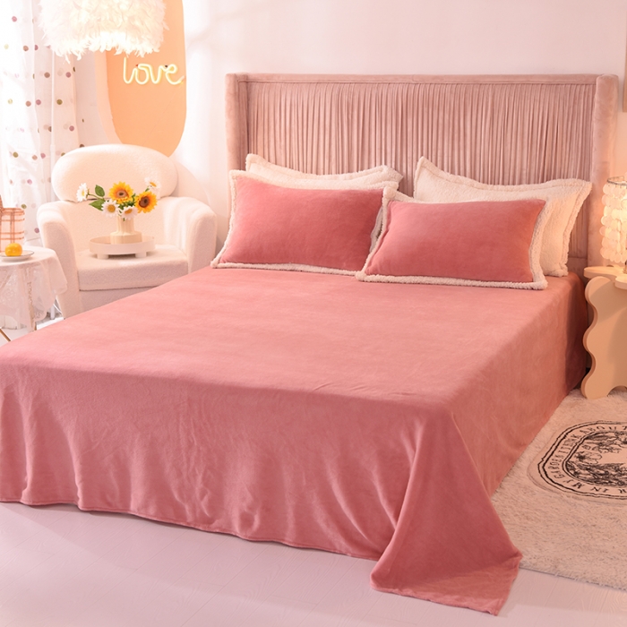 91家纺网 家纺一手货源 找家纺 艾米 2021新款牛奶绒羊羔绒双拼四件套 豆沙