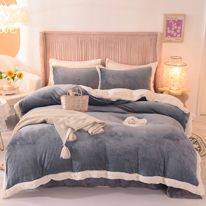 91家纺网 家纺一手货源 找家纺 艾米 2021新款牛奶绒羊羔绒双拼四件套 灰色