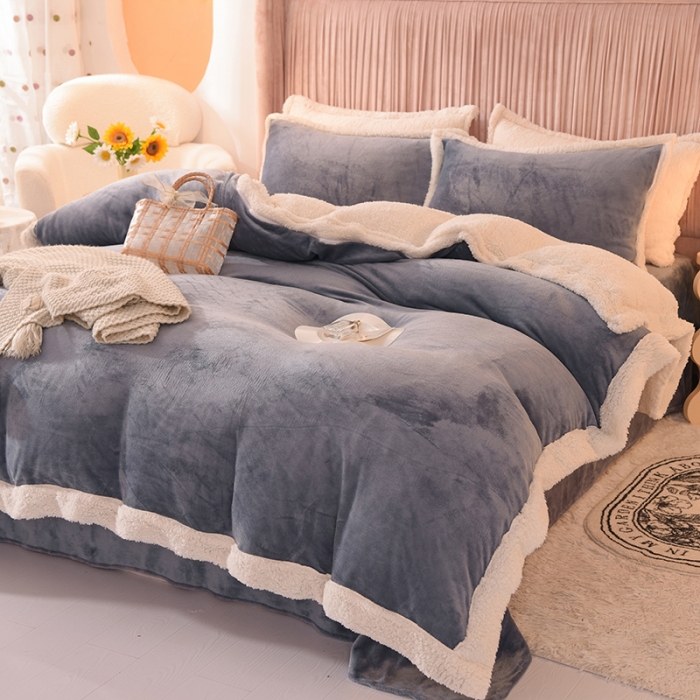 91家纺网 家纺一手货源 找家纺 艾米 2021新款牛奶绒羊羔绒双拼四件套 灰色