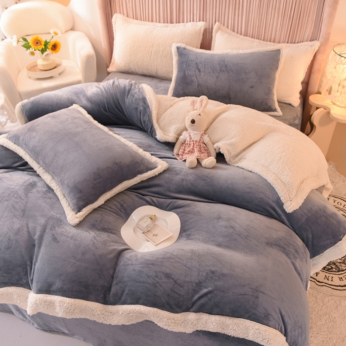 91家纺网 家纺一手货源 找家纺 艾米 2021新款牛奶绒羊羔绒双拼四件套 灰色