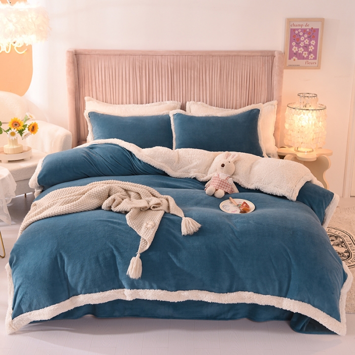 91家纺网 家纺一手货源 找家纺 艾米 2021新款牛奶绒羊羔绒双拼四件套 深蓝