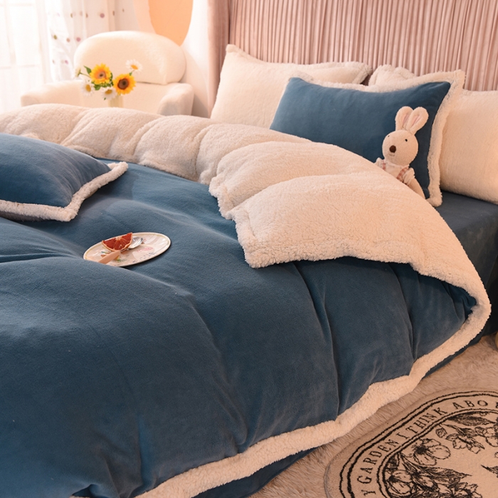 91家纺网 家纺一手货源 找家纺 艾米 2021新款牛奶绒羊羔绒双拼四件套 深蓝