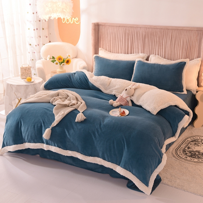 91家纺网 家纺一手货源 找家纺 艾米 2021新款牛奶绒羊羔绒双拼四件套 深蓝
