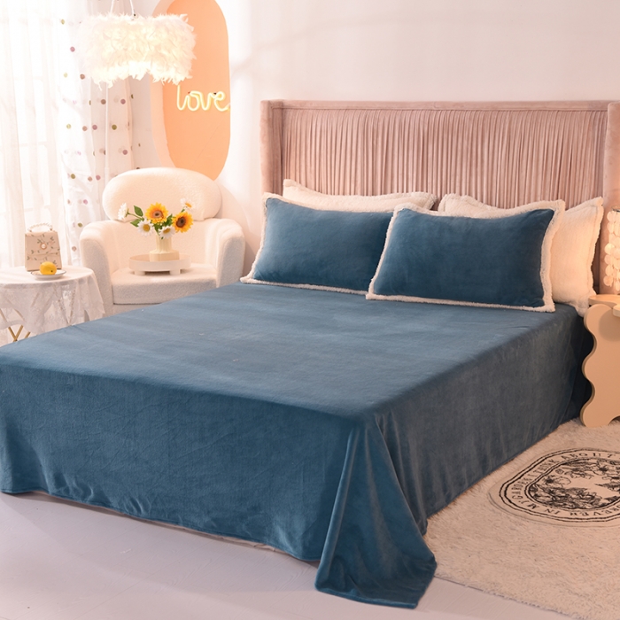 91家纺网 家纺一手货源 找家纺 艾米 2021新款牛奶绒羊羔绒双拼四件套 深蓝