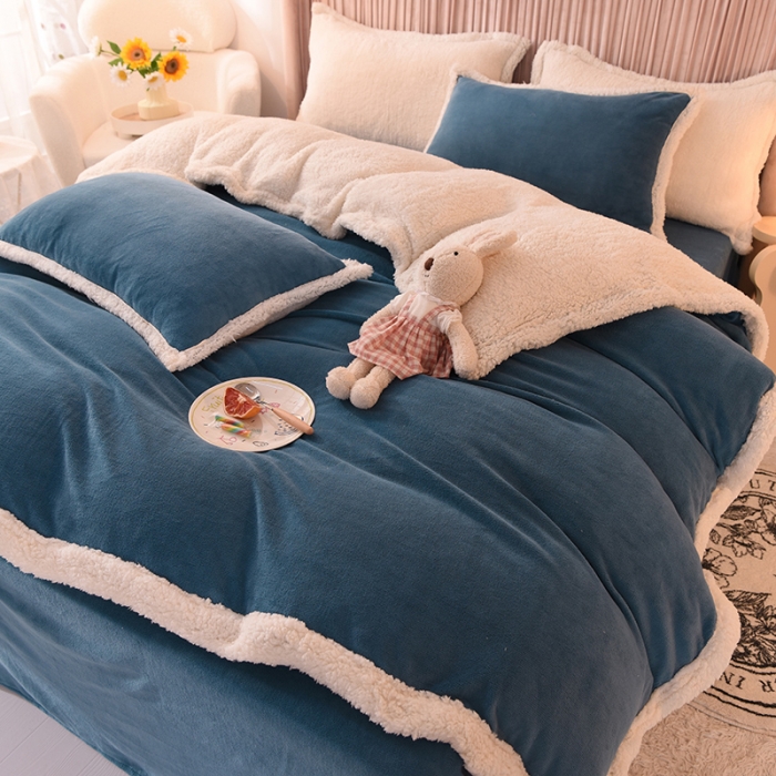 91家纺网 家纺一手货源 找家纺 艾米 2021新款牛奶绒羊羔绒双拼四件套 深蓝