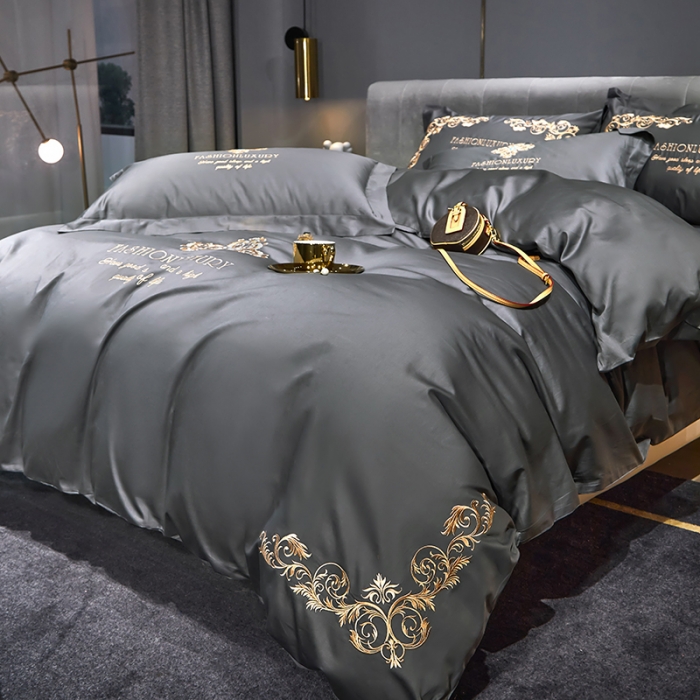 91家纺网 家纺一手货源 找家纺 凡客2022春夏新款浪漫时节60S贡缎长绒棉绣花四件套 浪漫时节（深灰）