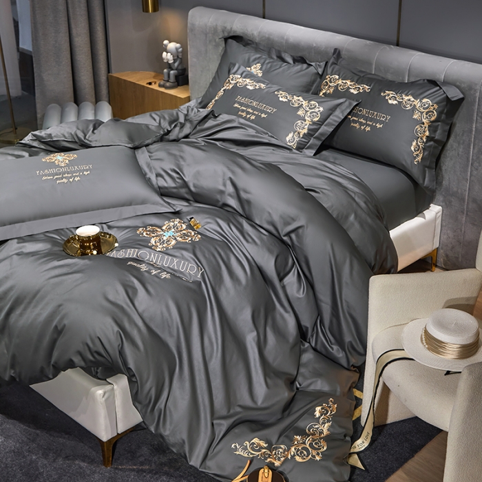 91家纺网 家纺一手货源 找家纺 凡客2022春夏新款浪漫时节60S贡缎长绒棉绣花四件套 浪漫时节（深灰）