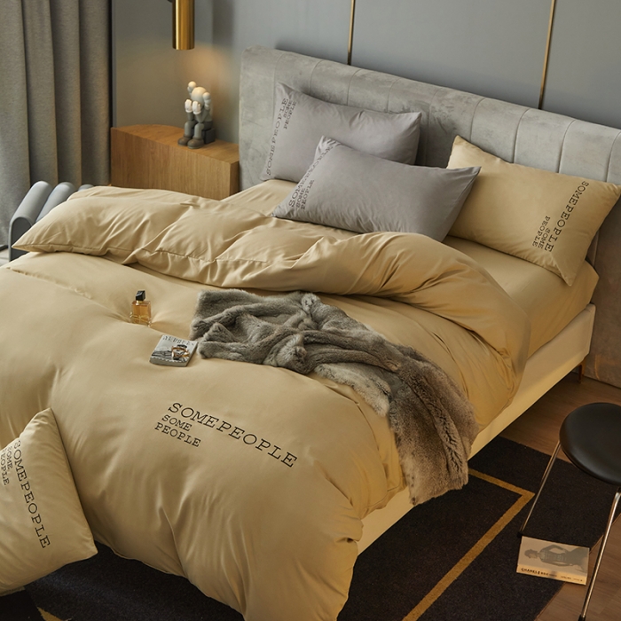 91家纺网 家纺一手货源 找家纺 凡客2021秋冬新款贝利卡埃类棉刺绣磨毛四件套 贝利卡-米黄