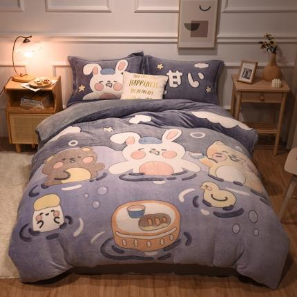 91家纺网 家纺一手货源 找家纺 懒猫家纺 2021新款大版雪花绒四件套 悠闲三小只