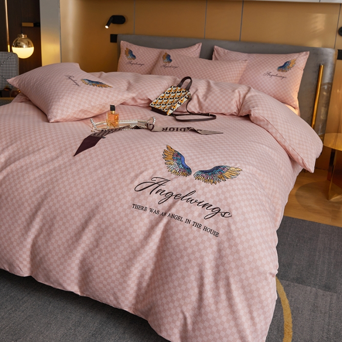 91家纺网 家纺一手货源 找家纺 凡客 2021秋冬新款天使之翼埃类棉刺绣磨毛四件套 天使之翼-粉玉
