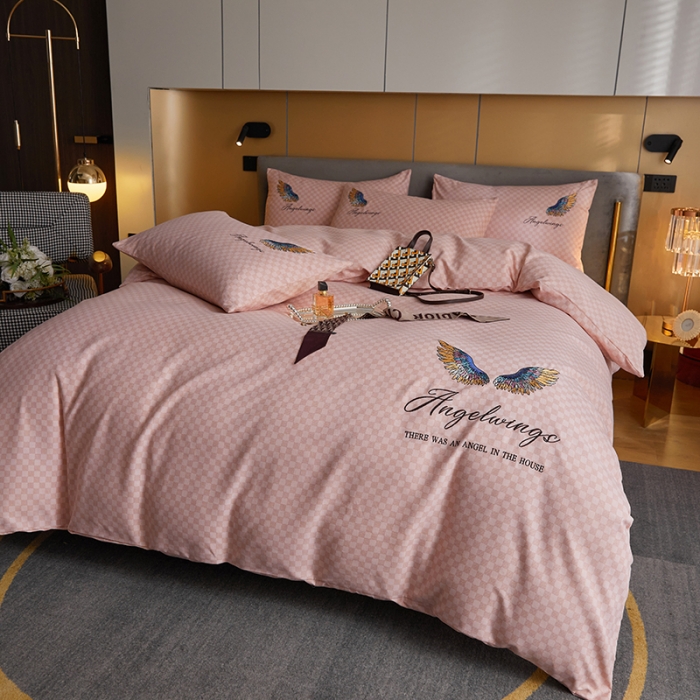 91家纺网 家纺一手货源 找家纺 凡客 2021秋冬新款天使之翼埃类棉刺绣磨毛四件套 天使之翼-粉玉