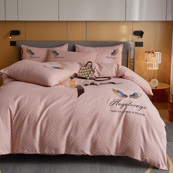91家纺网 家纺一手货源 找家纺 凡客 2021秋冬新款天使之翼埃类棉刺绣磨毛四件套 天使之翼-粉玉