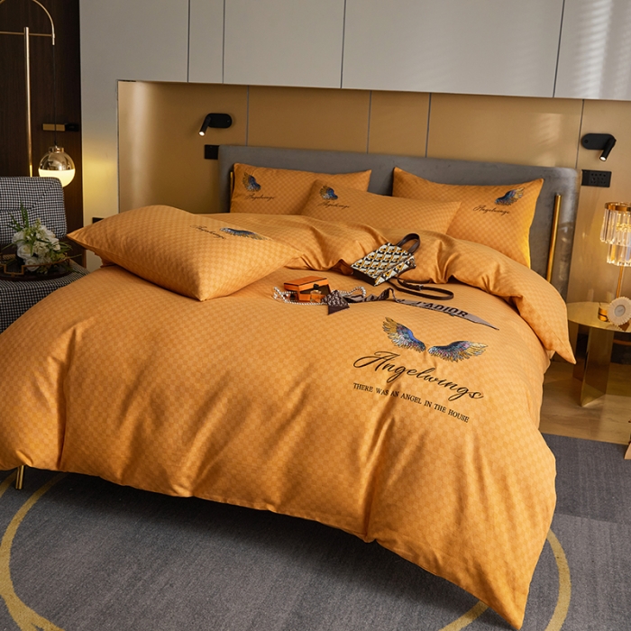 91家纺网 家纺一手货源 找家纺 凡客 2021秋冬新款天使之翼埃类棉刺绣磨毛四件套 天使之翼-姜黄