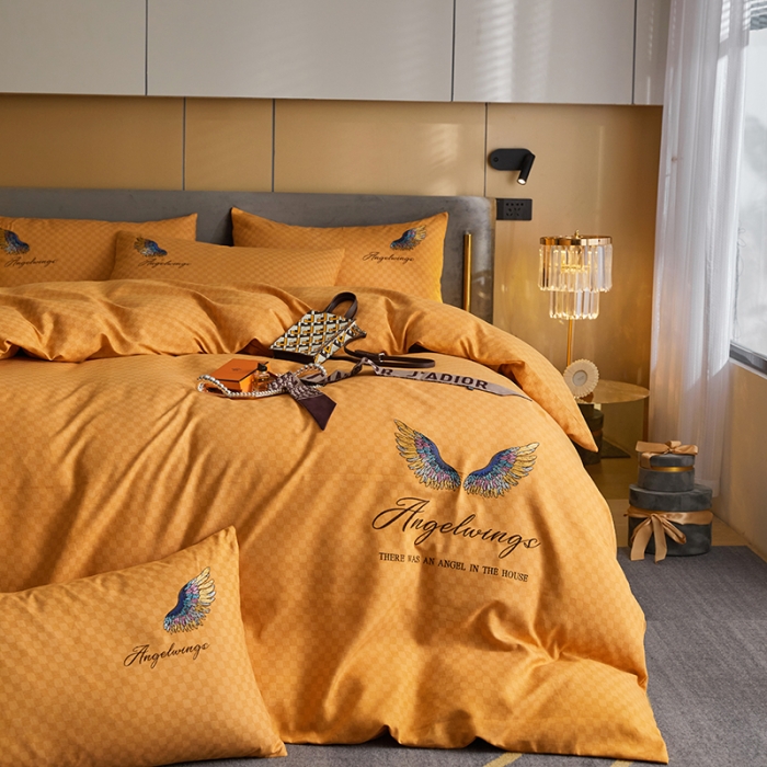 91家纺网 家纺一手货源 找家纺 凡客 2021秋冬新款天使之翼埃类棉刺绣磨毛四件套 天使之翼-姜黄