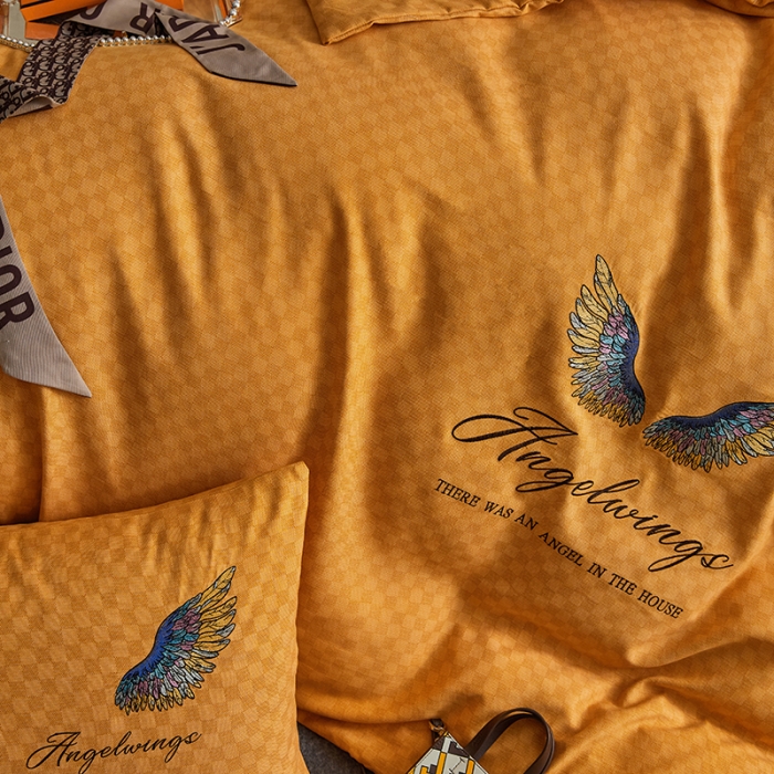 91家纺网 家纺一手货源 找家纺 凡客 2021秋冬新款天使之翼埃类棉刺绣磨毛四件套 天使之翼-姜黄