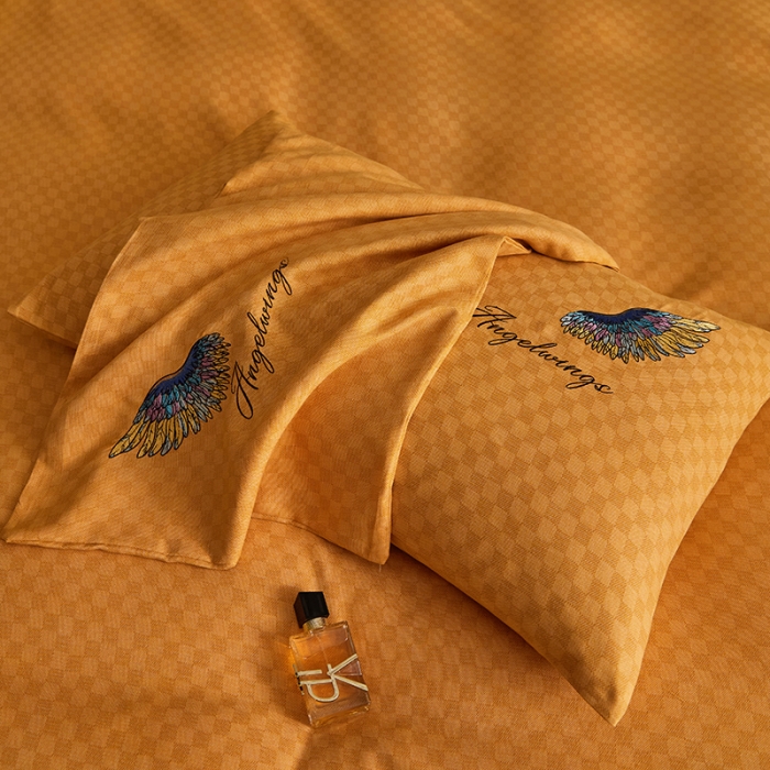 91家纺网 家纺一手货源 找家纺 凡客 2021秋冬新款天使之翼埃类棉刺绣磨毛四件套 天使之翼-姜黄