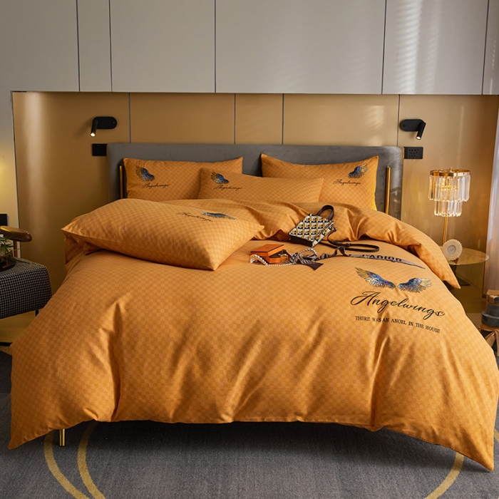 91家纺网 家纺一手货源 找家纺 凡客 2021秋冬新款天使之翼埃类棉刺绣磨毛四件套 天使之翼-姜黄