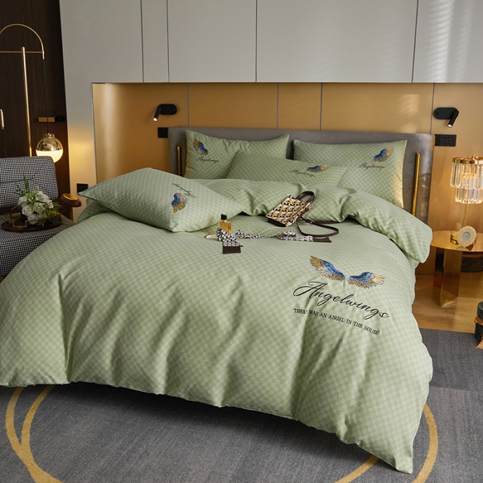 91家纺网 家纺一手货源 找家纺 凡客 2021秋冬新款天使之翼埃类棉刺绣磨毛四件套 天使之翼-浅绿