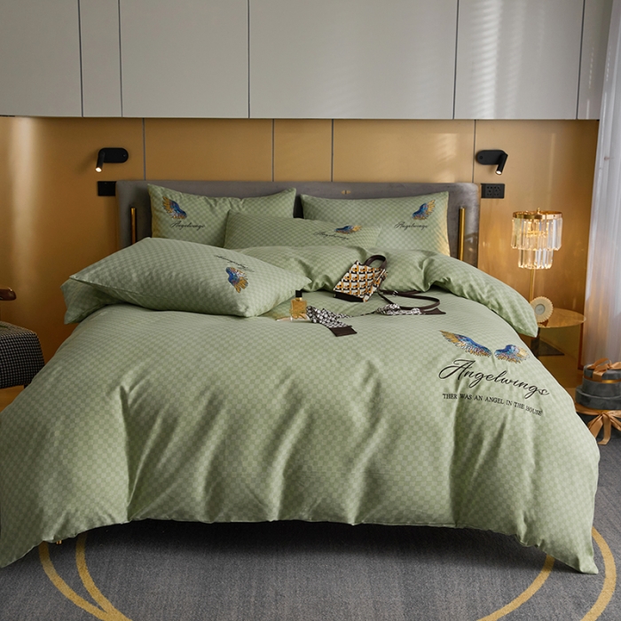 91家纺网 家纺一手货源 找家纺 凡客 2021秋冬新款天使之翼埃类棉刺绣磨毛四件套 天使之翼-浅绿