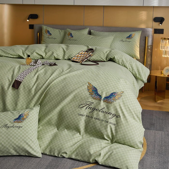 91家纺网 家纺一手货源 找家纺 凡客 2021秋冬新款天使之翼埃类棉刺绣磨毛四件套 天使之翼-浅绿