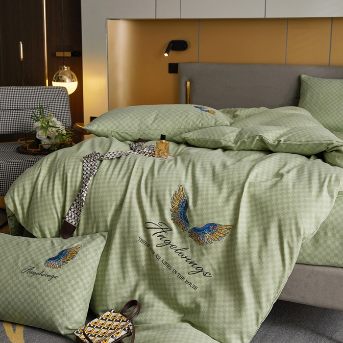 91家纺网 家纺一手货源 找家纺 凡客 2021秋冬新款天使之翼埃类棉刺绣磨毛四件套 天使之翼-浅绿