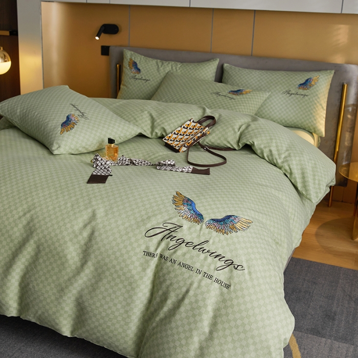 91家纺网 家纺一手货源 找家纺 凡客 2021秋冬新款天使之翼埃类棉刺绣磨毛四件套 天使之翼-浅绿